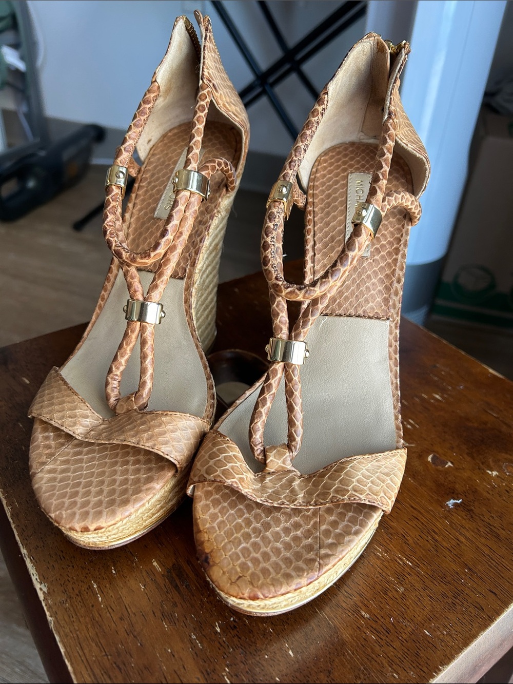 Woven Tan Snake-Print Wedge Sandals